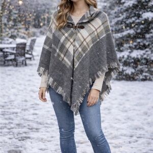 Modena Plaid Fringe Poncho Cape Sweater Gray Collared Toggle Wrap Shawl One Size